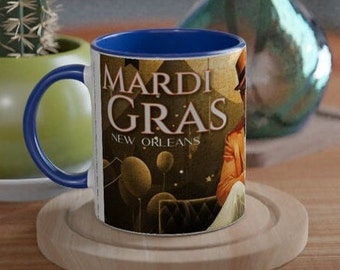 MARDI GRAS MUG, New Orleans, Louisiana, Coffee, Tea, 11oz Ceramic Mug with Color Inside, Louisiana Themed Decor, Let the Good Times Roll