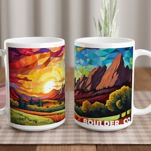 BOULDER FLATIRONS MUG, 15oz Ceramic, Colorado, Cubist, Colorful, Coffee Lover, Tea, Artistic, Christmas Gift, Birthday, University, Unique
