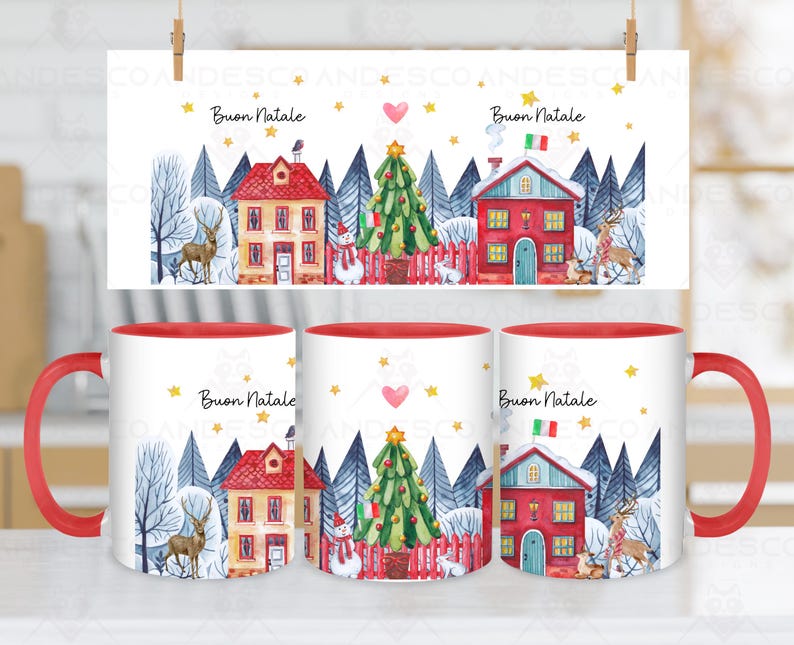 May include: A white ceramic mug with a red rim and handle. The mug features a winter scene with a red house, a Christmas tree, and the text "Buon Natale" in gold lettering.