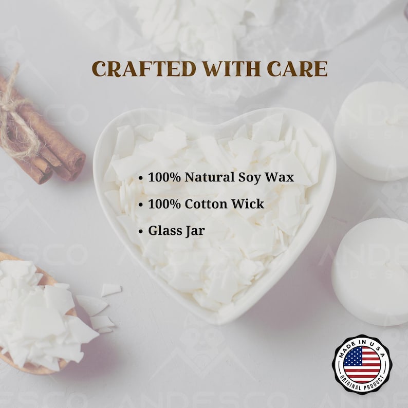 May include: A white heart-shaped bowl filled with white soy wax flakes. The bowl is on a white surface with the text "CRAFTED WITH CARE" above it. The text below the bowl reads: "&bull; 100% Natural Soy Wax &bull; 100% Cotton Wick &bull; Glass Jar".