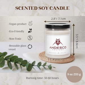 May include: A white soy candle with a black lid and a red raccoon logo. The candle is 3.5 inches tall and 2.8 inches wide. It is made with natural soy wax and has a burn time of 50-60 hours. The candle is vegan, eco-friendly, and non-toxic. The glass jar is reusable.