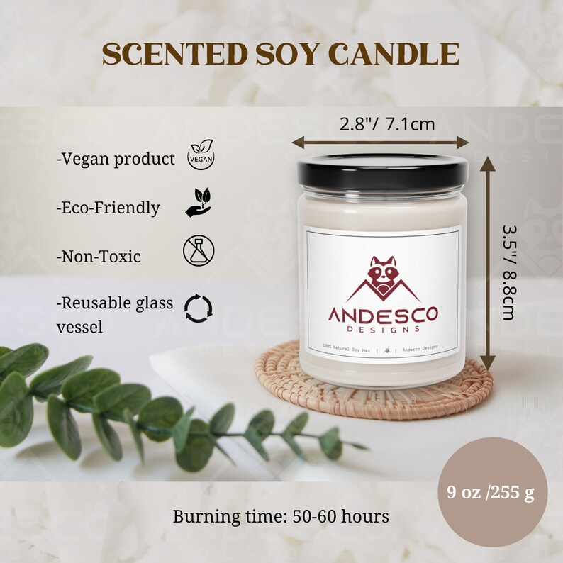 May include: A white soy candle with a black lid and a red raccoon logo. The candle is 3.5 inches tall and 2.8 inches wide. It is made with natural soy wax and has a burn time of 50-60 hours. The candle is vegan, eco-friendly, and non-toxic. The glass jar is reusable.