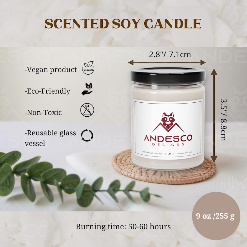 May include: A white soy candle with a black lid and a red raccoon logo. The candle is labelled "ANDESCO DESIGNS" and has a burn time of 50-60 hours. The candle is 8.9 cm tall and 7.1 cm wide. The candle is vegan, eco-friendly, non-toxic, and comes in a reusable glass vessel.