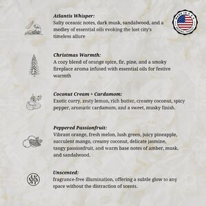 May include: A list of candle scents with descriptions. The scents include Atlantis Whisper, Christmas Warmth, Coconut Cream + Cardamom, Peppered Passionfruit, and Unscented.