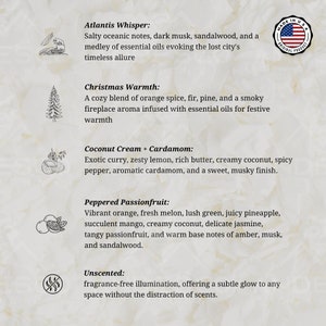 May include: A list of candle scents with descriptions. The scents include Atlantis Whisper, Christmas Warmth, Coconut Cream + Cardamom, Peppered Passionfruit, and Unscented.