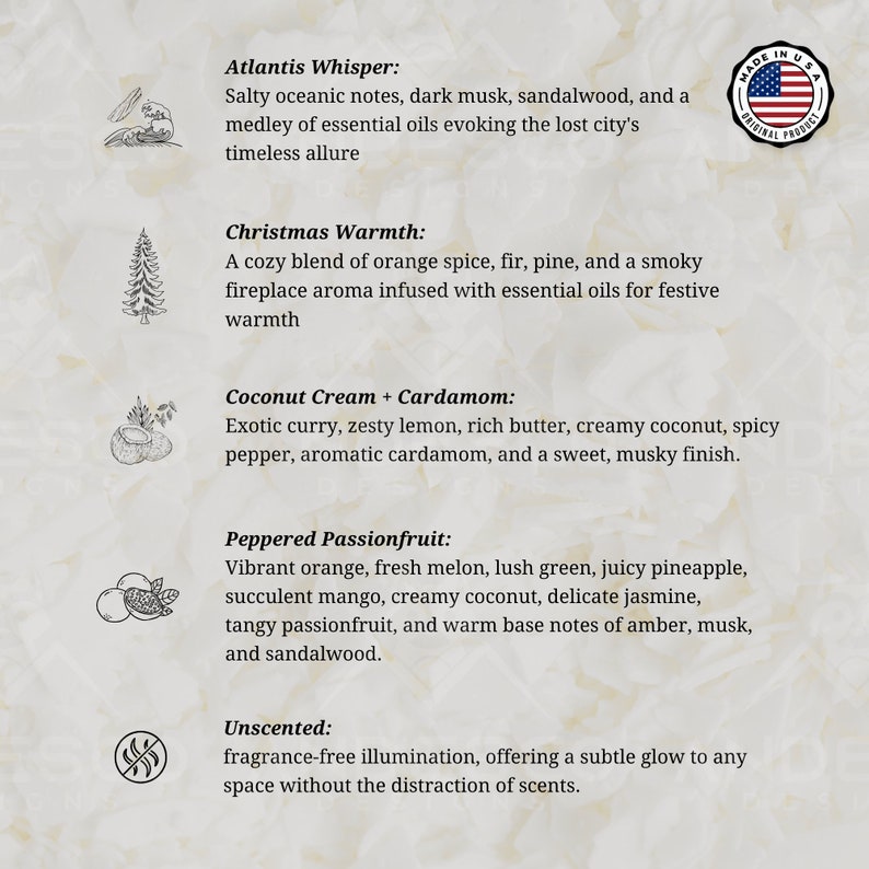 May include: A list of candle scents with descriptions. The scents include Atlantis Whisper, Christmas Warmth, Coconut Cream + Cardamom, Peppered Passionfruit, and Unscented.