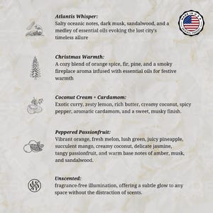 May include: A graphic with a list of candle scents, including Atlantis Whisper, Christmas Warmth, Coconut Cream + Cardamom, Peppered Passionfruit, and Unscented. Each scent description is accompanied by a small illustration.