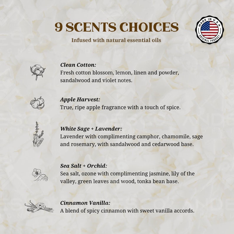 K&ouml;nnte beinhalten: Eine Grafik mit dem Text "9 SCENTS CHOICES" und "Infused with natural essential oils". Die Grafik listet 5 verschiedene D&uuml;fte auf: Reine Baumwolle, Apfelernte, Wei&szlig;er Salbei + Lavendel, Meersalz + Orchidee und Zimt Vanille. Jeder Duft wird mit einer kurzen Beschreibung versehen.