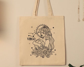 Virgo Zodiac Tote Bag Astrology Tote The Virgin Tote Bag The Hermit Tarot Card Tote Bag Zodiac Sign Tote Bag Witchy Bag Boho Tote Bag Astro