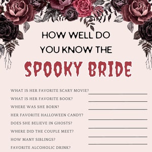 Spooky Theme, Bridal Shower Game, Do you know the bride, Spooky Bride, PDF, Download, 5x7 size
