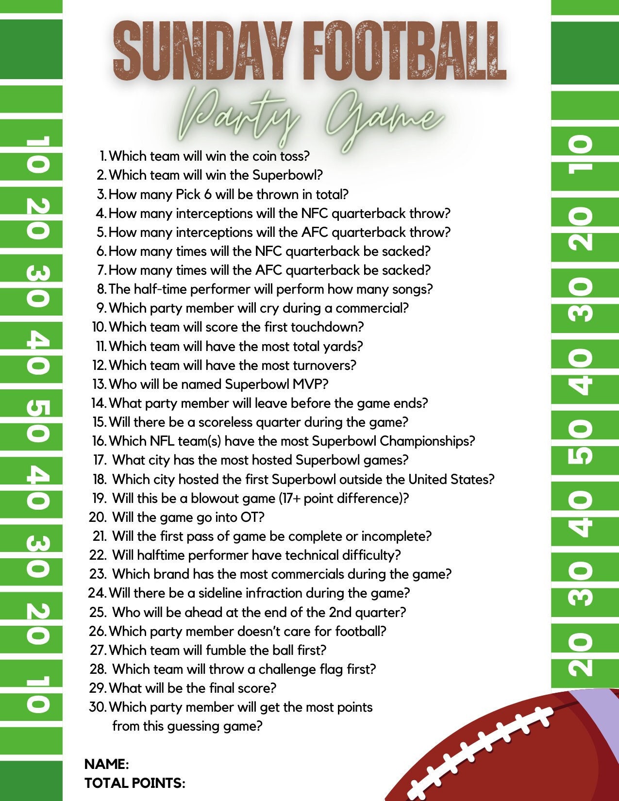 Super Bowl Party Game, 8.5x11 PDF, Easy to Print - Etsy