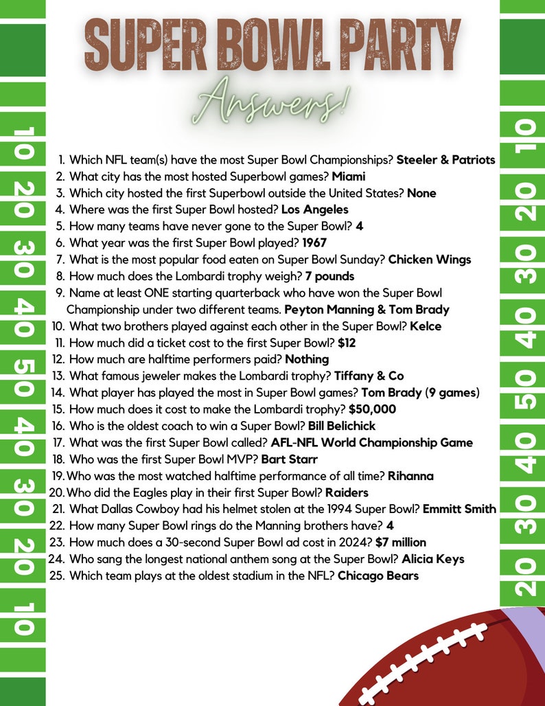 Super Bowl Trivia Game, Football Trivia, Trivia Game Sports, Download and Easy to Print, 8.5x11