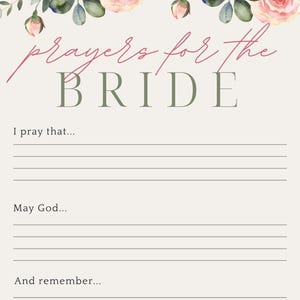 May include: A wedding card featuring the words "prayers for the BRIDE" in pink and green, with a floral design. The top of the card is adorned with watercolour roses in pink and cream, and green leaves. The card has lines for writing prayers.