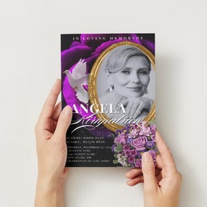 Può includere: Una foto in bianco e nero di una donna in una cornice dorata con fiori viola e una colomba bianca su uno sfondo nero. Il testo "IN LOVING MEMORY OF ANGELA" è nella parte superiore dell'immagine. Il testo "SUNRISE BIRTH DATE SUNSET: DEATH DATE SATURDAY, DECEMBER 2014 LOCATION NAME 134 STREET NAME CITY, STATE, ZIP CELEBRATION OF LIFE TIMES" è nella parte inferiore dell'immagine.