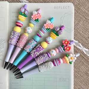 Hand Beaded Flower Pot Pen, Spring Stationery, Easter or Teacher Gift