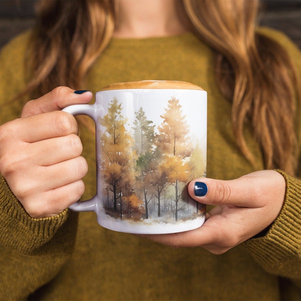 Autumn Forest Mug, Watercolor Woodland Coffee Mug, Fall Foliage Mug, Lush Orange Trees Cup, Gift for Nature Lovers