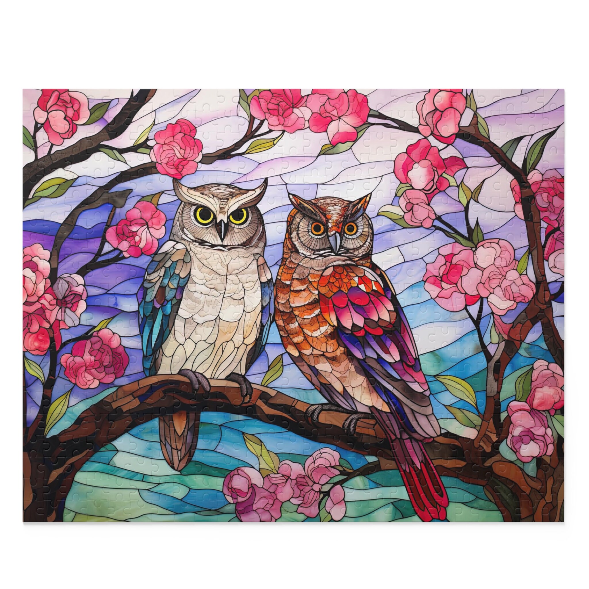 Stained Glass Owls Puzzle, Enchanting Owl Design, Vibrant Artistic Jigsaw, Tranquil Puzzle Activity,