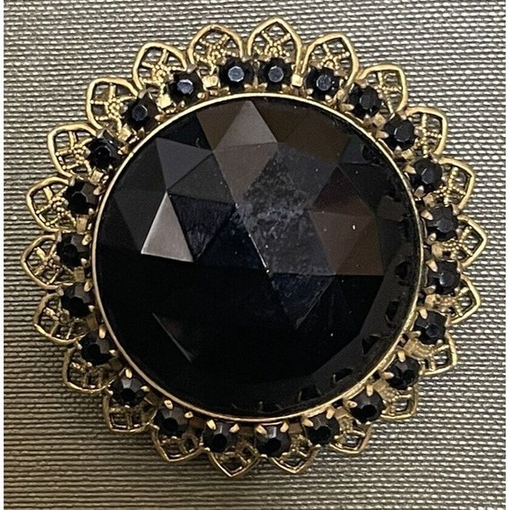 Vintage Brooch pendant Filigree Black glass stone - image 1