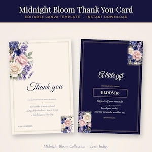 Può includere: Due biglietti di ringraziamento rettangolari con illustrazioni floreali blu e rosa. Un biglietto è color crema con testo blu scuro, l'altro è blu scuro con testo bianco. Entrambi includono il testo Thank you, A little gift e BLOOM10.