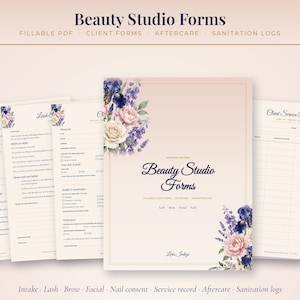May include: A collection of Beauty Studio Forms featuring fillable PDF documents for client intake, lash and facial aftercare, and service records. The pages are decorated with floral illustrations in shades of pink, purple, and blue.