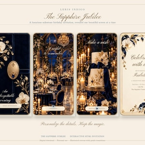 May include: A digital invitation set titled The Sapphire Jubilee featuring four screens with navy blue and cream color palettes, white orchid illustrations, gold accents, and text including Celebrate with us, Isabella, and Make a wish.