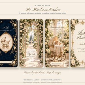Puede incluir: Un conjunto de invitaciones digitales para baby shower con cuatro pantallas con bordes florales, una ilustración de cochecito vintage, un arco de jardín, un oso de peluche en un cochecito y texto que incluye A little wonder awaits, Step into the garden y A Baby Shower.