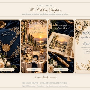 Puede incluir: Cuatro pantallas de invitación digital para jubilación con paletas de colores azul marino y crema, sellos de cera dorados, ilustraciones florales y paisajes al atardecer. El texto incluye 'The Golden Chapter', 'A new chapter awaits' y 'Celebrate a golden chapter'.