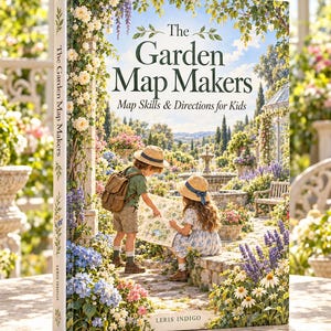 Könnte beinhalten: Ein gebundenes Buch mit dem Titel The Garden Map Makers: Map Skills & Directions for Kids von Leris Indigo. Das Cover zeigt eine Illustration von zwei Kindern mit Strohhüten, die in einem sonnigen Garten eine Karte betrachten.