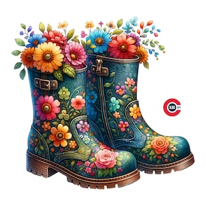Flower Boots Watercolor Clipart: Spring Garden Design (PNG)