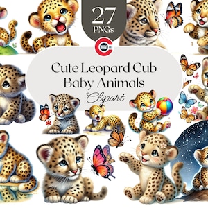 Clipart mignon petit léopard, animaux mignons, bébé léopard clipart, animal sauvage, ourson léopard ludique, PNG transparent, scrapbooking, sublimation