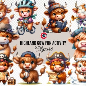 ハイランド牛の楽しいアクティビティ水彩画クリップアート、かわいいハイランド牛クリップアート、ハイランド牛 png、透明な背景、商用利用