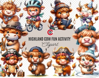 Watercolor Highland Cow Clipart: Fun Activity PNG (Commercial Use)