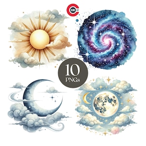Watercolor Planets Clipart: Galaxy & Stars PNG Bundle (Digital Download)