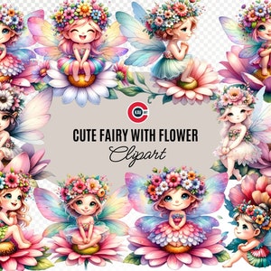 Cute fairy with flower watercolor clipart, Magical fairy, Playful fairy, Fantasy clipart, Nursery Decor, Transparent PNG, Commercial use