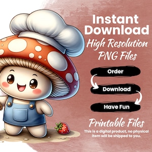 Peut inclure: Un personnage de dessin anim&eacute; en forme de champignon portant un chapeau de chef et une salopette tient une spatule et fait griller une saucisse. Le personnage a un chapeau de champignon rouge et blanc et un visage mignon et souriant. L'image est sur un fond aquarelle rose et brun avec le texte "T&eacute;l&eacute;chargement instantan&eacute; Fichiers PNG haute r&eacute;solution" et "Fichiers imprimables".