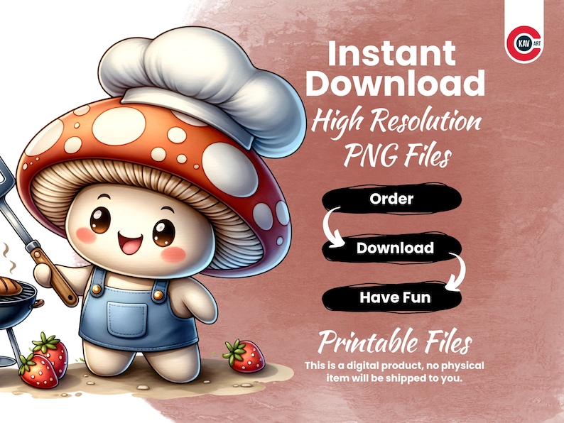 Peut inclure: Un personnage de dessin anim&eacute; en forme de champignon portant un chapeau de chef et une salopette tient une spatule et fait griller une saucisse. Le personnage a un chapeau de champignon rouge et blanc et un visage mignon et souriant. L'image est sur un fond aquarelle rose et brun avec le texte "T&eacute;l&eacute;chargement instantan&eacute; Fichiers PNG haute r&eacute;solution" et "Fichiers imprimables".