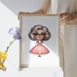 May include: A digital illustration of a cartoon woman with grey hair wearing a pink polka dot dress and black glasses. She is standing with her hands on her hips.