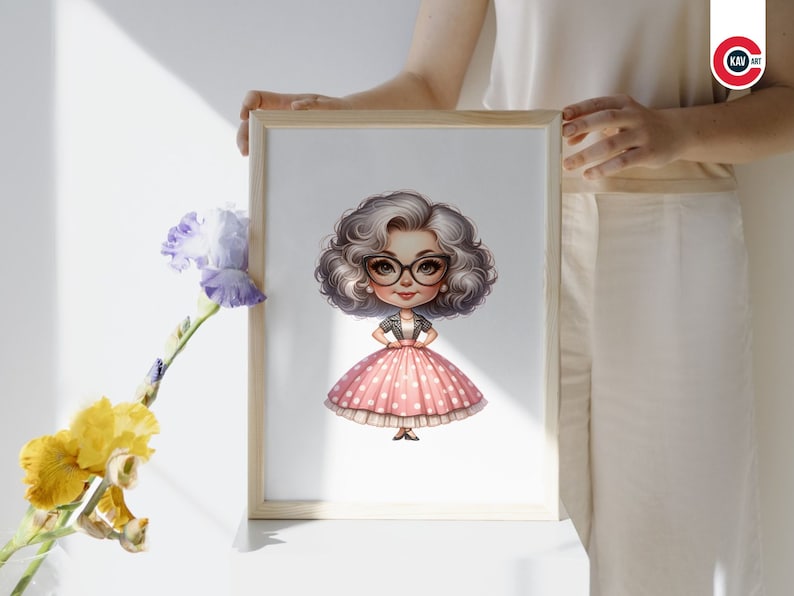 May include: A digital illustration of a cartoon woman with grey hair wearing a pink polka dot dress and black glasses. She is standing with her hands on her hips.