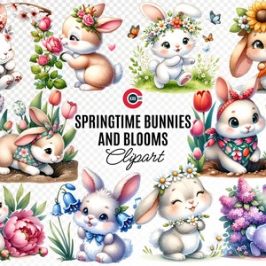 Ensemble de cliparts aquarelle lapins et fleurs printaniers, illustrations de lapin ludiques pour projets de bricolage et décoration de chambre d'enfant, clipart PNG