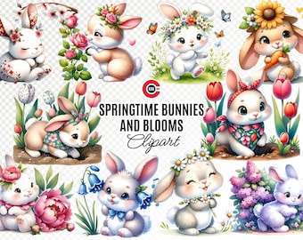 Paquete de imágenes prediseñadas de conejito en acuarela: Flores primaverales (descarga digital PNG)