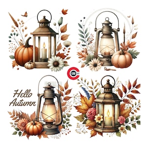 Clipart de otoño, temporada de otoño, clipart de linterna con temática de otoño, diseño floral de otoño, clipart de linterna, diario basura, scrapbooking y sublimación