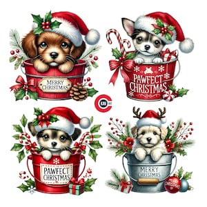 Weihnachten Welpen Clipart, süße Weihnachtshund, spielerische festliche Welpe, Hund mit Weihnachtsdekoration, Junk Journal, Scrapbooking, Sublimation