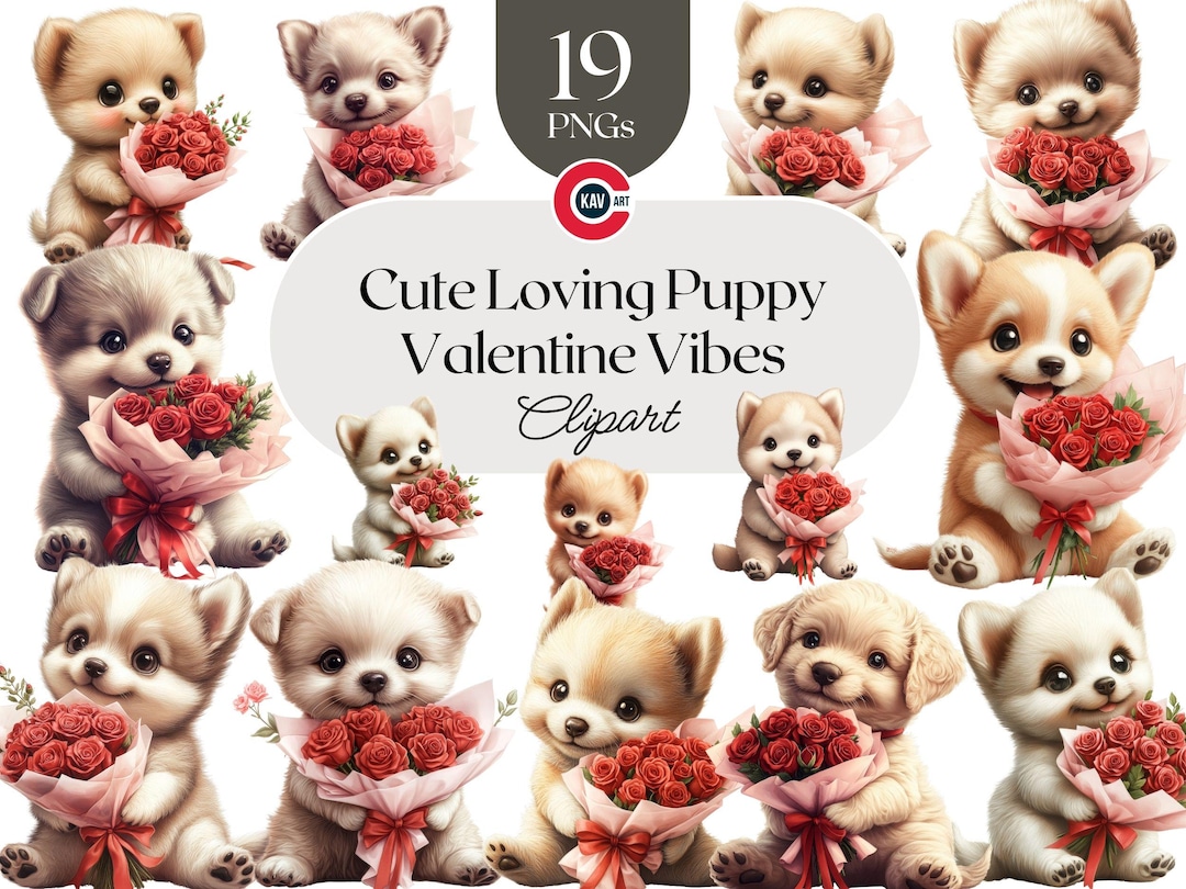 Valentine Puppy Watercolor Clipart: Dog With Roses PNG (digital ...