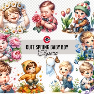 Clipart schattige gelukkige jongen met lentebloemen, schattige gelukkige jongen met bloem, babyjongen png, schattige baby png, transparante achtergrond