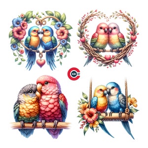 Clipart di uccelli innamorati con fiori, Clipart di uccellini colorati carini, Clipart di uccelli innamorati, Junk Journal, Scrapbooking e Sublimazione