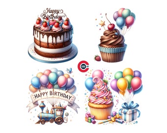 Clipart de Feliz Cumpleaños: Gráficos de Celebración (Descarga Digital PNG)