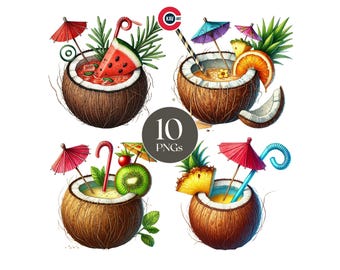 Tropical Cocktails Watercolor Clipart: Summer Drink PNG (Digital Download)