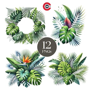 Puede incluir: Un conjunto de 12 ilustraciones digitales de hojas y flores tropicales. Las ilustraciones están en un estilo de acuarela y presentan una variedad de hojas verdes, incluyendo monstera, palma y helechos. Algunas de las ilustraciones también incluyen flores, como el ave del paraíso y el hibisco.