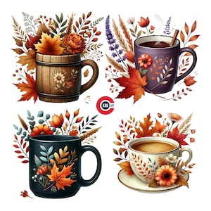 Puede incluir: Cuatro tazas con diseños otoñales. Las tazas están llenas de café o té y rodeadas de hojas de otoño y flores. Las tazas son de diferentes colores y estilos, incluyendo una taza de madera, una taza morada, una taza negra y una taza blanca.
