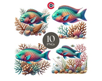 Papageifisch Aquarell Clipart: Meerestier PNG Bündel (Digital Download)